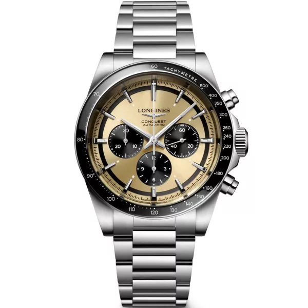 Longines Conquest Chronograph men's watch L3.835.4.32.6, gold dial, silver stainless steel strap