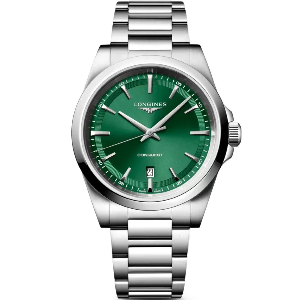 Longines Conquest men's watch L3.860.4.09.6, green dial, silver stainless steel strap
