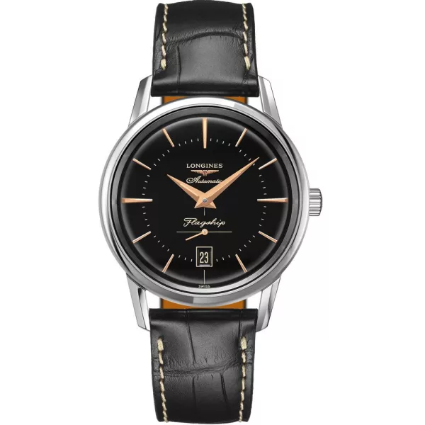 Longines Flagship Heritage men's watch L4.795.4.58.0, black dial, black leather strap
