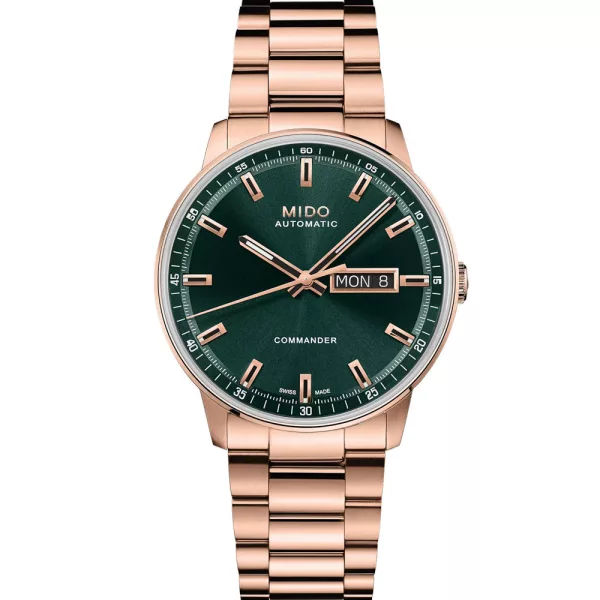 Mido Commander Datoday men's watch M021.430.33.091.00, green dial, rose gold stainless steel strap