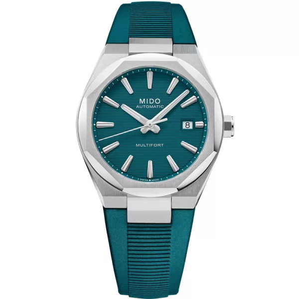 Mido Multifort 8 One Crown men's watch M055.507.17.091.00, green dial, green silicone strap
