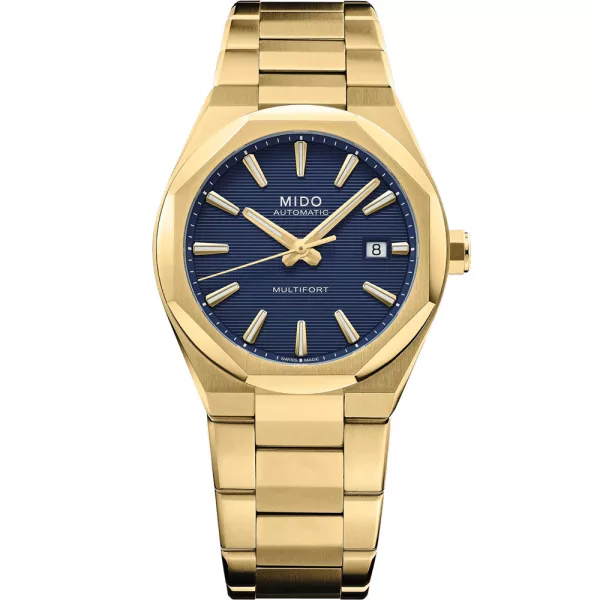 Mido Multifort 8 One Crown men's watch M055.507.33.041.00, blue dial, gold stainless steel strap