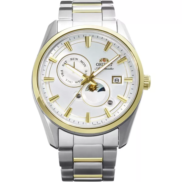 Orient Stretto Sun & Moon men's watch RA-AK0312S30B, silver dial, silver stainless steel strap