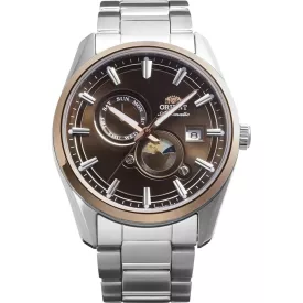 Orient Stretto Sun & Moon men's watch RA-AK0313Y30B, brown dial, silver stainless steel strap