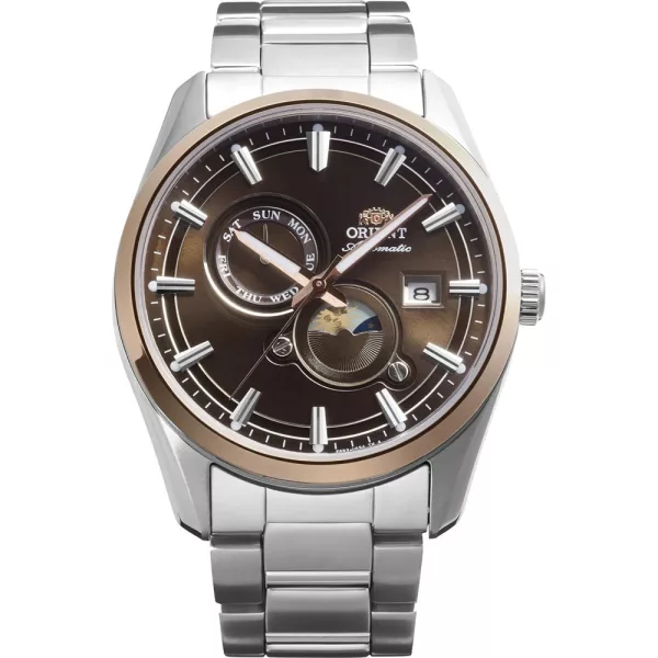 Orient Stretto Sun & Moon men's watch RA-AK0313Y30B, brown dial, silver stainless steel strap