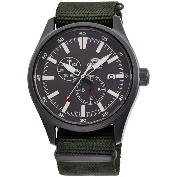 Orient Defender II men's watch RA-AK0403N10B, black dial, green textile strap