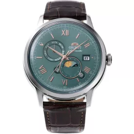Orient Bambino Sun & Moon men's watch RA-AK0805E30B, green dial, brown leather strap