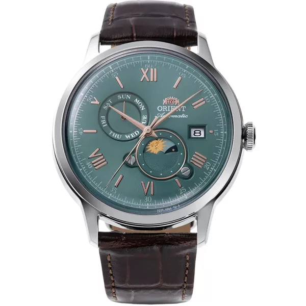 Orient Bambino Sun & Moon men's watch RA-AK0805E30B, green dial, brown leather strap