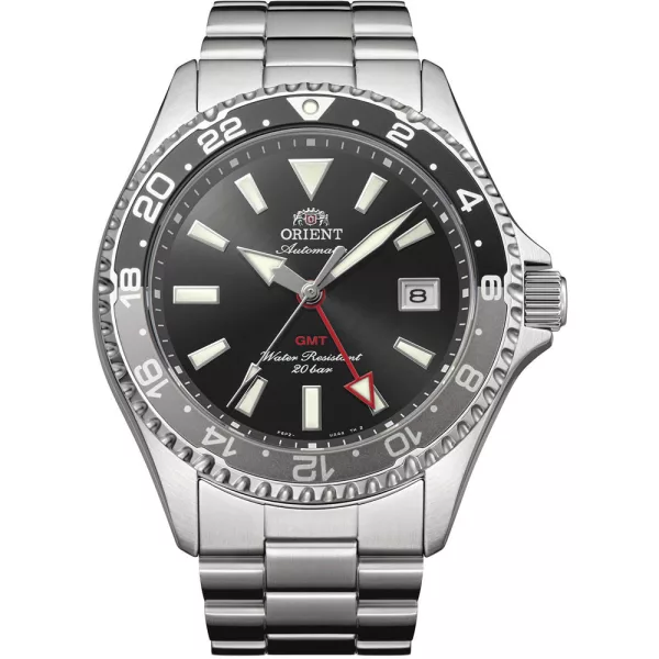 Orient Mako Diver GMT men's watch RA-BC0001B30B, black dial, silver stainless steel strap