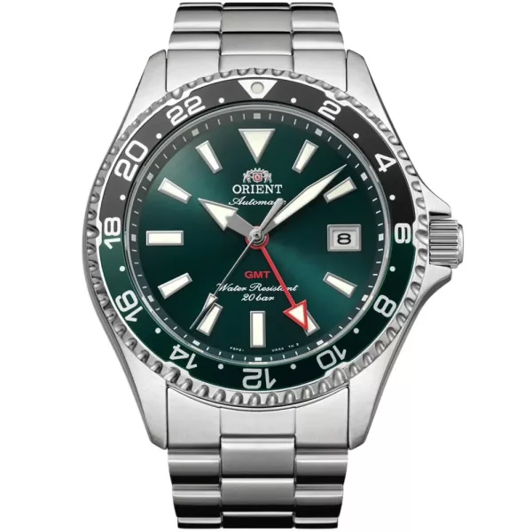 Orient Mako Diver GMT men's watch RA-BC0002E30B, green dial, silver stainless steel strap
