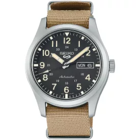 Seiko 5 Sports Field men's watch SRPG35K1, black dial, brown textile strap