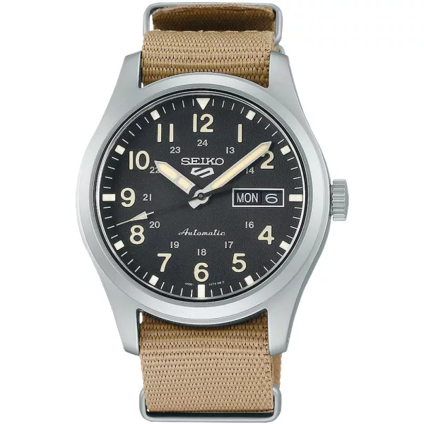 Seiko 5 Sports Field men's watch SRPG35K1, black dial, brown textile strap