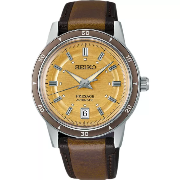 Seiko Presage Style 60s in Golden Yellow men's watch SRPL75J1, gold dial, brown leather strap