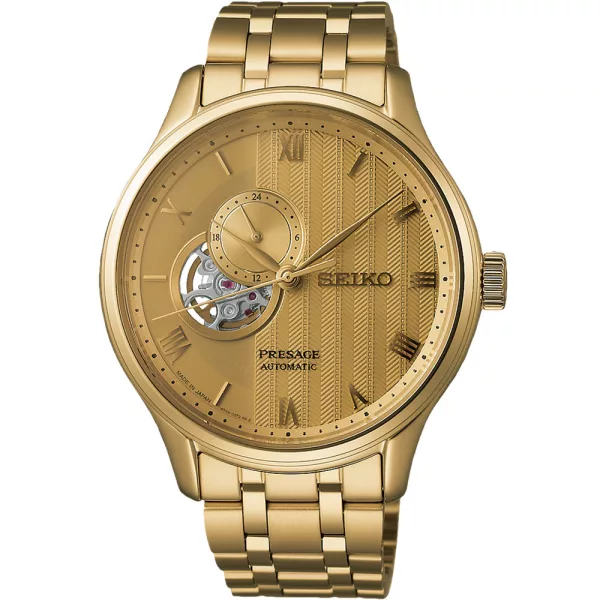 Seiko Presage Japanese Garden men's watch SSA468J1, gold dial, gold stainless steel strap