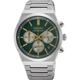 Seiko Sports Chronograph men's watch SSB461P1, green dial, silver stainless steel strap