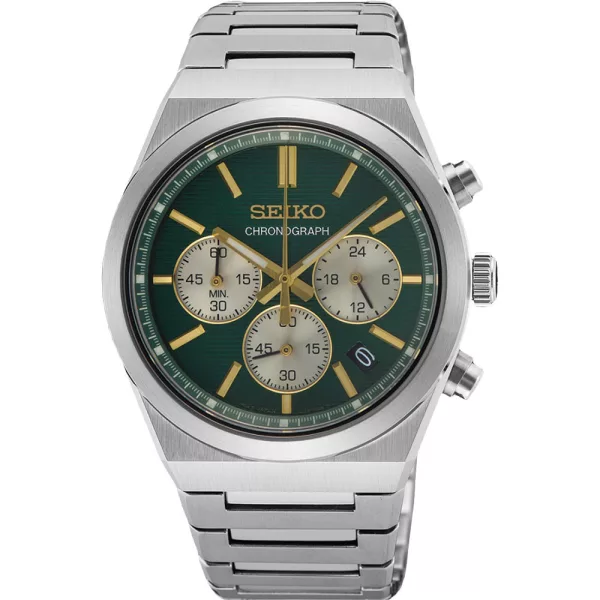 Seiko Sports Chronograph men's watch SSB461P1, green dial, silver stainless steel strap