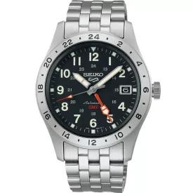 Seiko 5 Sports Field Deploy Mechanical GMT men's watch SSK023K1, black dial, silver stainless steel strap