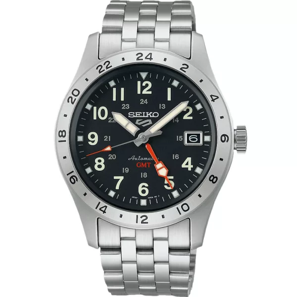 Seiko 5 Sports Field Deploy Mechanical GMT men's watch SSK023K1, black dial, silver stainless steel strap
