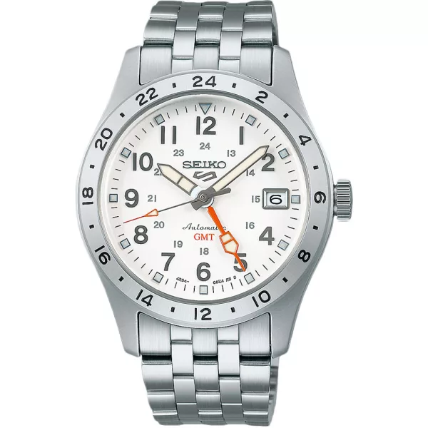 Seiko 5 Sports Field Mechanical GMT men's watch SSK059K1, white dial, silver stainless steel strap