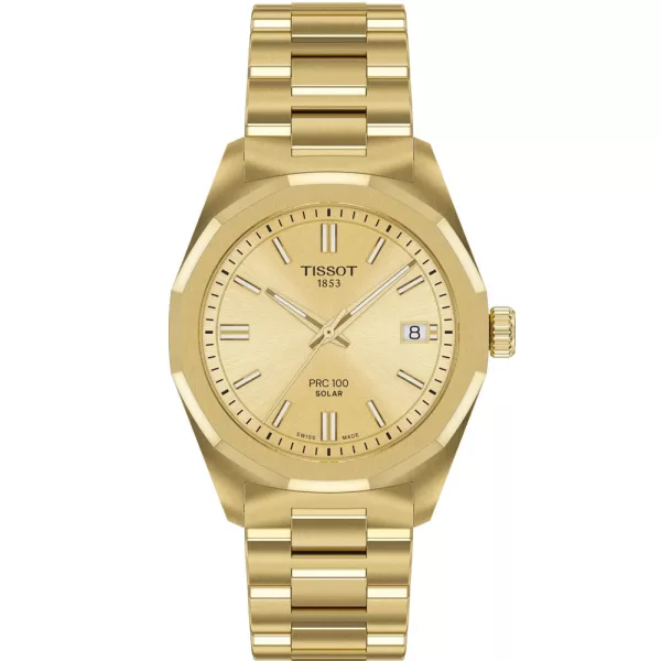 Tissot Classic PRC 100 Solar women's watch T151.822.33.021.00, gold dial, gold stainless steel strap