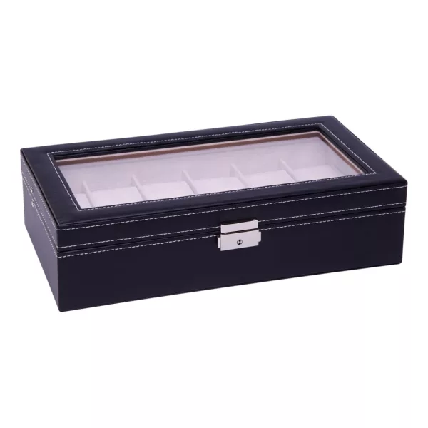 Edelwolle black stitched faux leather watch box for 12 watches 933