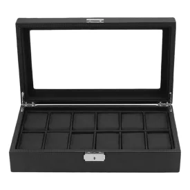   Edelwolle carbon-pattern black faux leather watch box with window for 12 watches 983